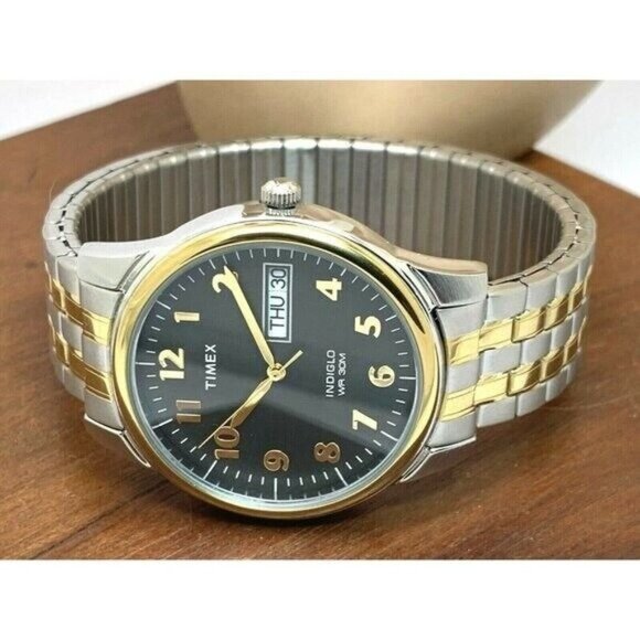 Timex Men's Watch T26481 Quartz 35mm Gray Dial Indiglo Two Tone Stretched Band - Picture 8 of 13